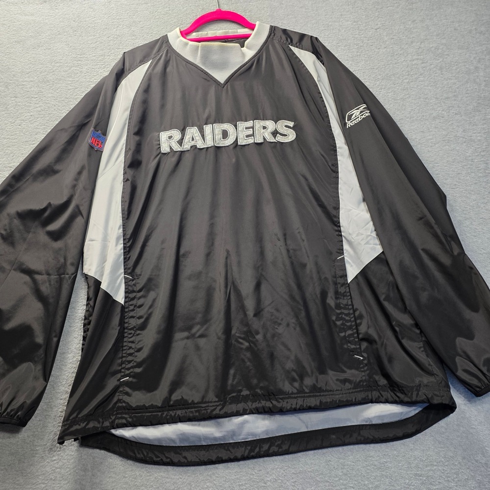 Reebok NFL‎ Oakland Raiders Mens Large Black Silver Windbreaker Pullover Jacket